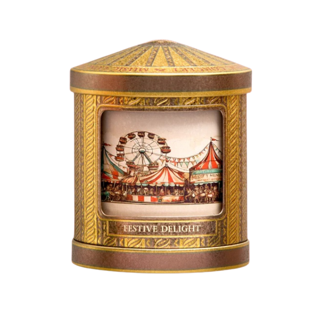 Lata carrusel musical Basilur Festive Delight con 75gr de té negro de Navidad con arándano, cacao y caramelo