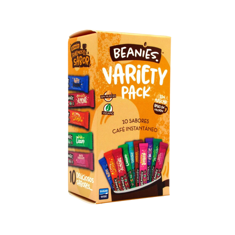 Caja de café instantáneo Beanies Variety Pack con 10 sachets de distintos sabores, vista frontal