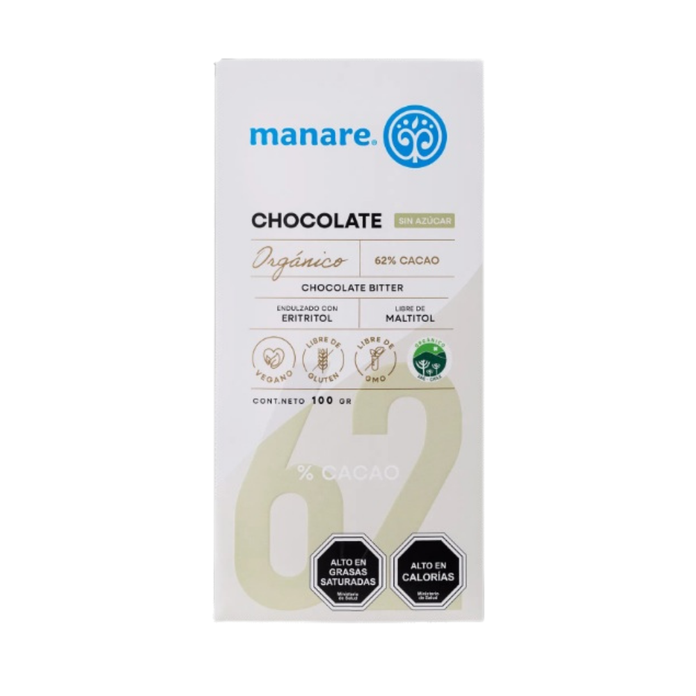 Barra de Chocolate 62% Cacao sin azúcar (100g) Manare